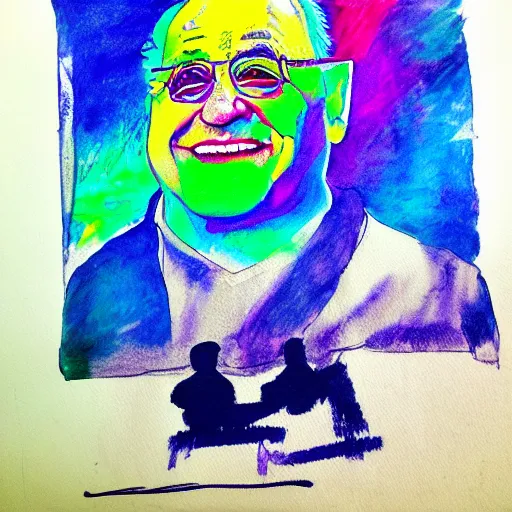 Prompt: a childrens drawing of danny devito, crayon art, watercolor, markers, high quality, high resolution