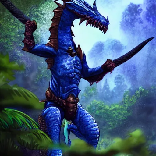Image similar to A dragonborn with blue scales in a rainforest, trending on artstation, digital art
