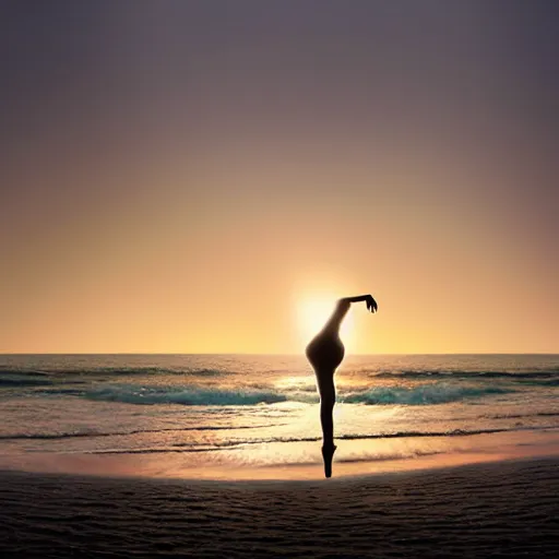 Prompt: a silhouette of a beautiful ballet dancer on a beach at sunrise, cinematic angle, studio Ghibli, volumetric lighting, breathtaking, beautiful composition, intricate, elegant, digital art, detailed, oil painting, hyperrealistic, sharp focus, 8k