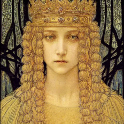 Image similar to beautiful young medieval queen portrait by jean delville, art nouveau, symbolist, visionary, gothic