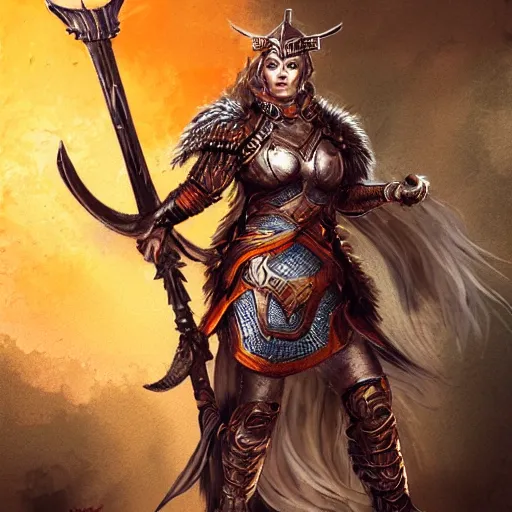 Prompt: Full portrait of detailed valkyrie wielding a shield and spear. Valkyrie is dressed in orange armor; dark fantasy, concept art, dark souls