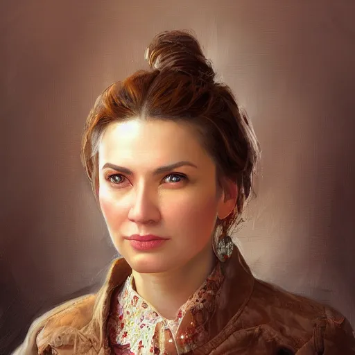 Image similar to portrait of a russian woman ( 3 5 ) from chabarovsk, russia in 2 0 2 1, an oil painting by ross tran and thomas kincade