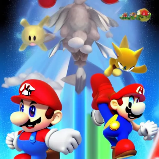 Image similar to super mario, kirby, sonic the hedgehog, super smash bros, star wars themed movie poster high detail accurate eyes and good gesture poses, pokemon anime cartoon style