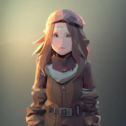 Image similar to isometric view, ultra low poly, octopath traveller style, a kid girl, brown jacket with long sleeves, brown pigtails hair, green eyes, grey background, volumetric lighting, fantasy, d & d, 4 k, trending on artstation, by greg rutkowski, blizzard warcraft, backlit, smooth