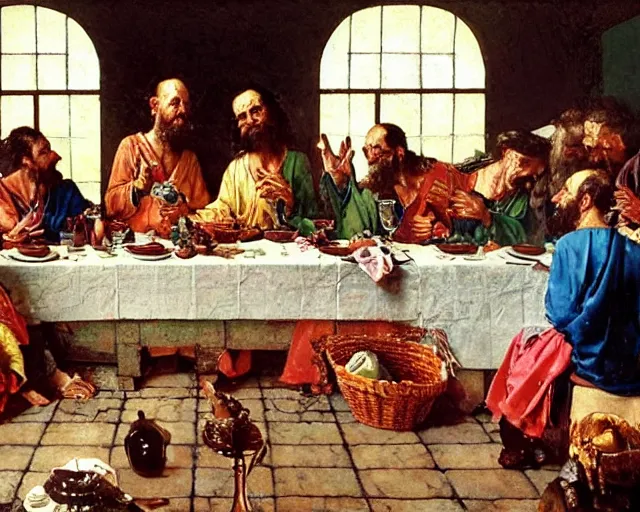 Image similar to beautiful glorious realistic oil painting of the last supper, baroque style by norman rockwell, highly detailed and photorealistic, 8 k high detail and intricate