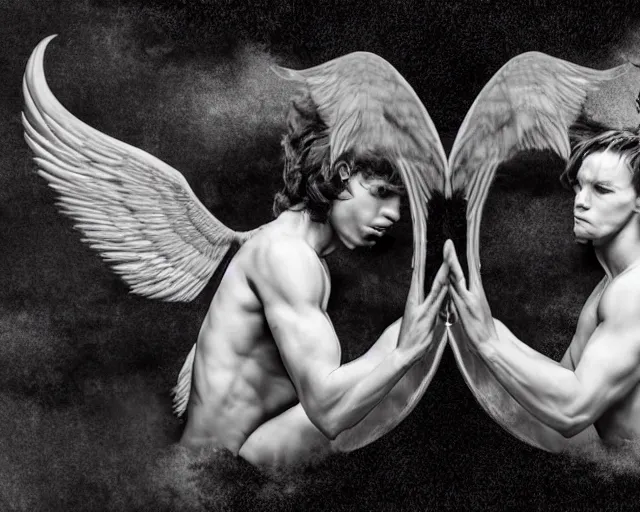 Image similar to devil and angel facing each other in mirrored pose, dramatic lighting, 8 k, high quality, hyper realistic, 3 5 mm photography, masterpiece