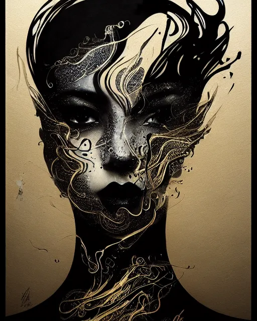 Prompt: intricate calligraphy smoke ink beauty portrait, dripping black gold paint, stylized fantasy polygon art by WLOP, artgerm, peter mohrbacher, artstation