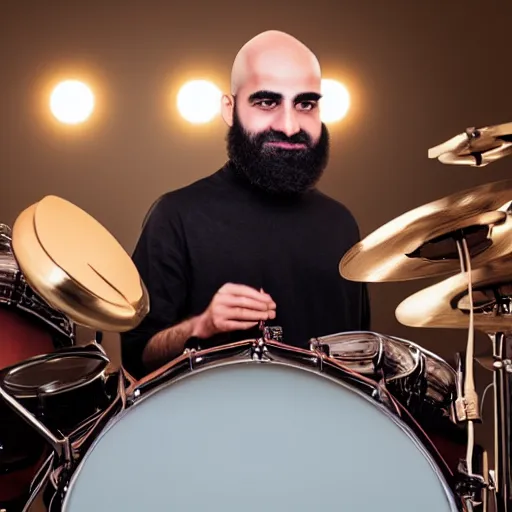 Prompt: bald arab guy with a beard playing on a professional drum kit, extremely detailed, realistic, soft lighting