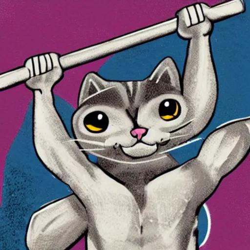 Prompt: an anthropomorphic cat lifting weights at a gym