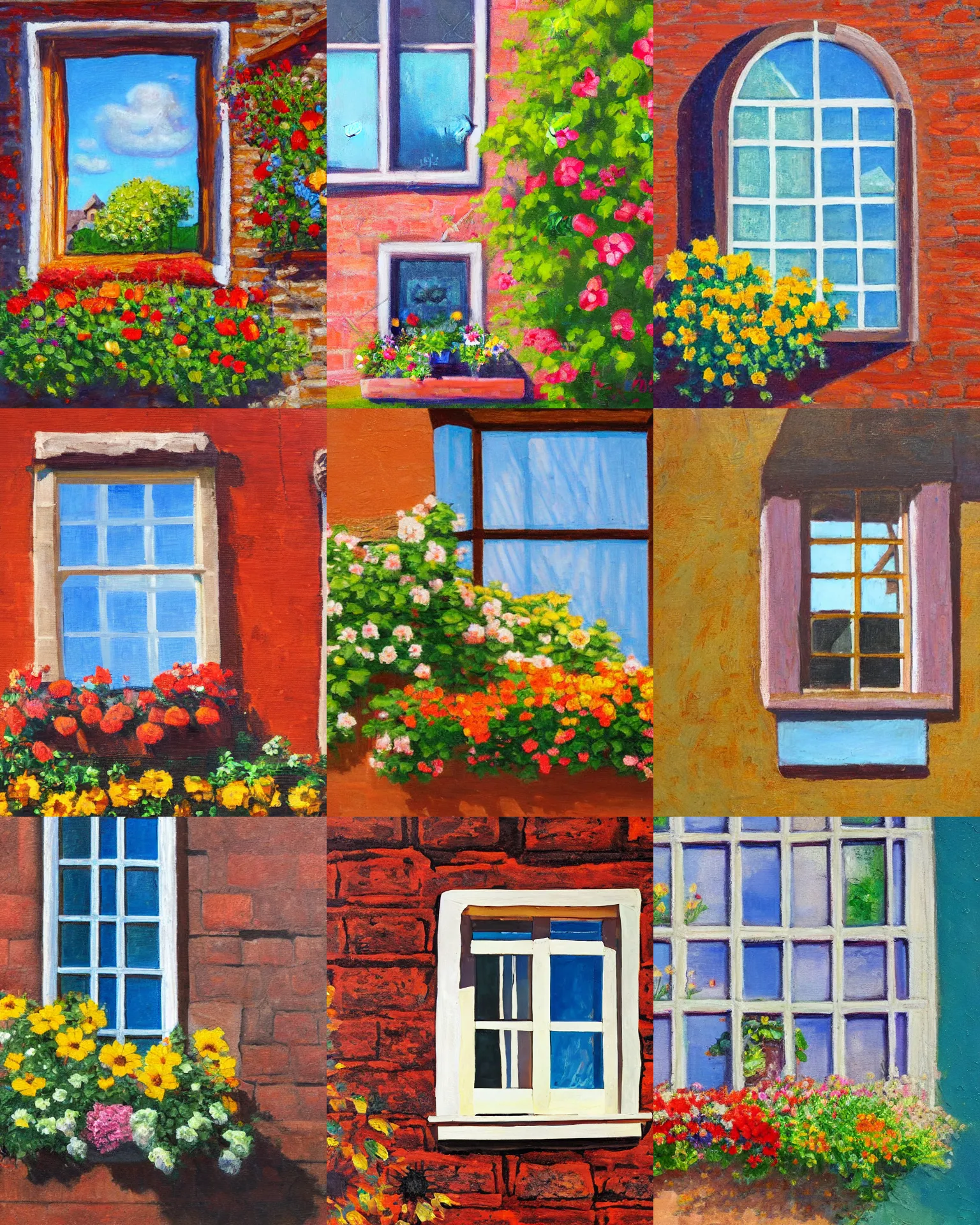 Prompt: window with flower box, timbered house with bricks, sunny, peaceful, oil on canvas, frontal close up