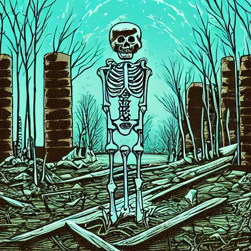 Image similar to a skeleton wearing a suit standing in ruins of nuclear explosion by Dan Mumford