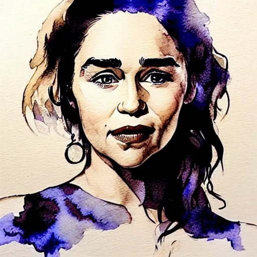 Image similar to portrait of emilia clarke by francis picabla, pen and watercolor wash on cardboard