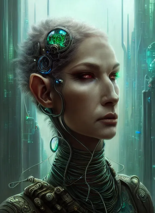 Prompt: portrait shot of a cyberpunk elf in a scenic dystopian environment, intricate, elegant, highly detailed, centered, digital painting, artstation, concept art, smooth, sharp focus, illustration, artgerm, tomasz alen kopera, peter mohrbacher, donato giancola, joseph christian leyendecker, wlop, boris vallejo