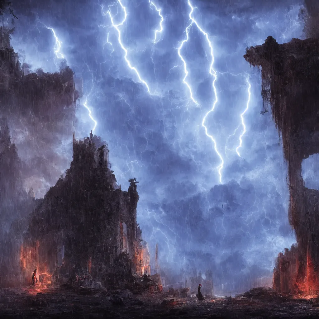 Image similar to a still of a cloaked figure standing in the ruins of crux prime, monastery, there is lightning, blue fiery maelstrom in the distance, it is raining, digital art, artstationhq