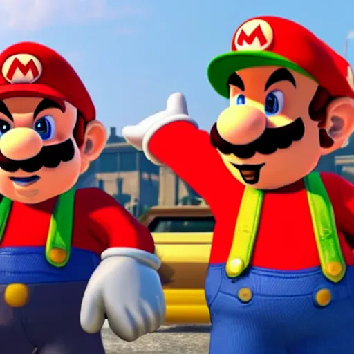 Image similar to Mario and Luigi as gangster in GTA 5 unreal engine 5 8k insane level of detail