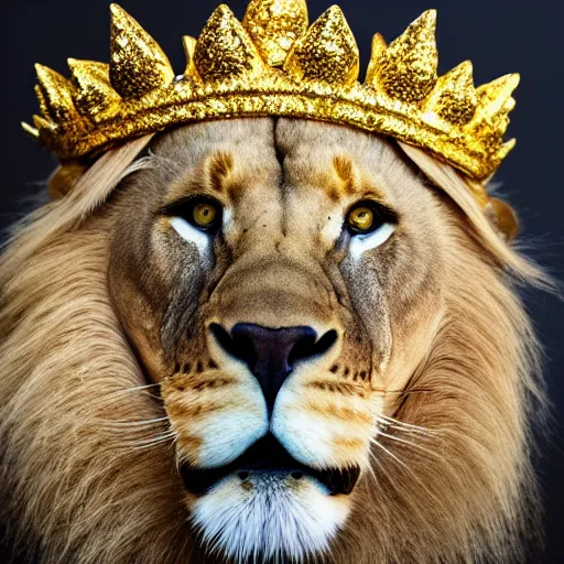 Image similar to high quality studio photography of a lion wearing ancient gold crown, solid background