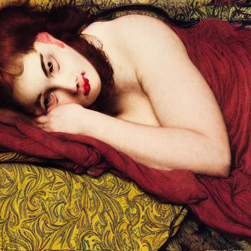 Prompt: reclining on bed, hybrid of judy garland and jo brand, aged 2 5, brown fringe, huge downslanted eds eyes, large full lips, wide shot, yellow ochre ornate medieval dress, john william waterhouse, kilian eng, rosetti, john everett millais, william holman hunt, william morris, 4 k