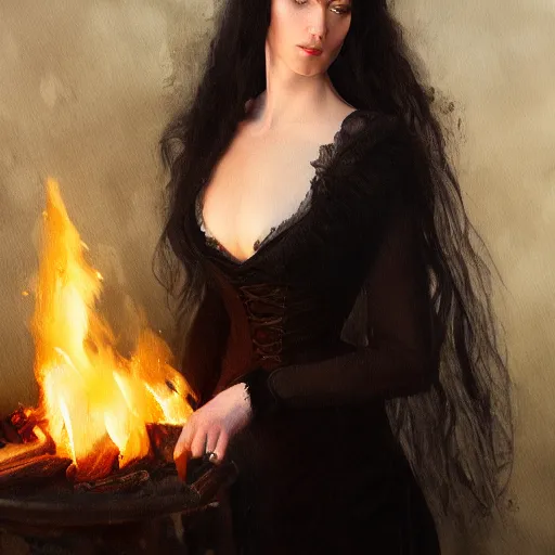 Image similar to a beautiful young woman, pale skin, black long hair, aristocrat, black expensive dress from 1 8 6 0, illuminated by campfire, oil painting, digital art, studio photo, realistic, artstation, high quality, wild west