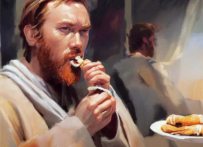 Image similar to a highly detailed beautiful portrait of obi - wan kenobi eating only one cannoli, by gregory manchess, james gurney, james jean