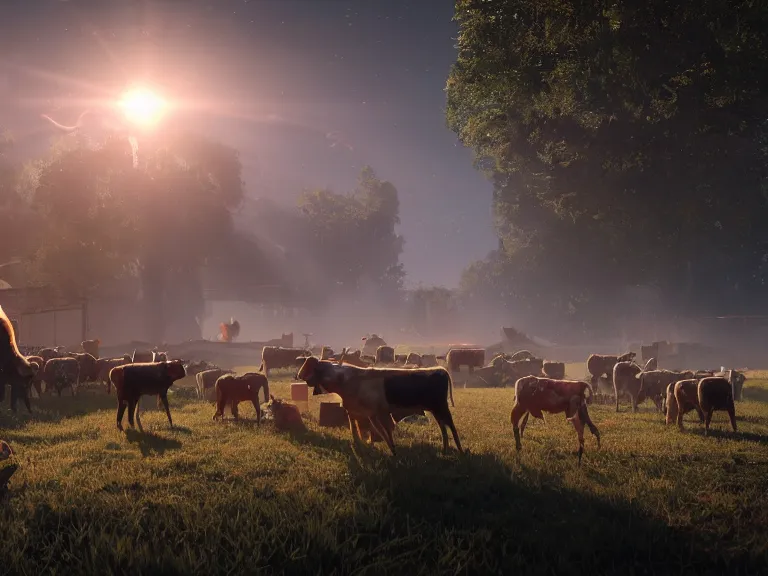 Image similar to livestock revolting against farmers, 8 k, ultra realistic, lens flare, atmosphere, glow, detailed, intricate, full of colour, cinematic lighting, trending on artstation, 4 k, hyperrealistic, focused, extreme details, unreal engine 5, cinematic, masterpiece