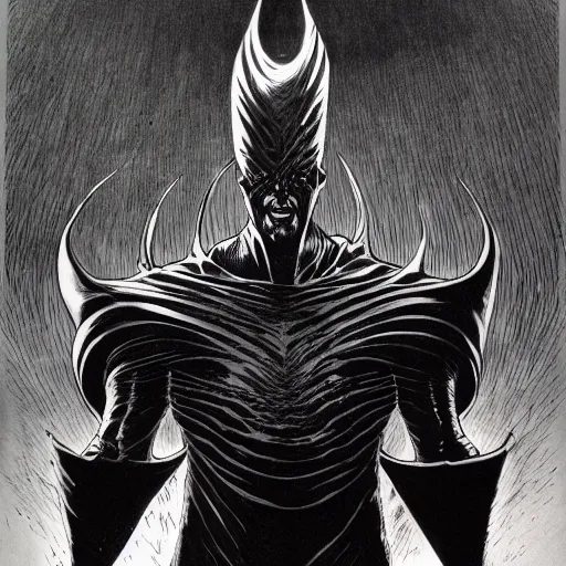 Prompt: full length portrait of marvel villain eldrad, vibrant volumetric dark natural light, dark enlightenment, ink drawing by zdzislaw beksinski, jack kirby, tom lovell, alex malveda, greg staples