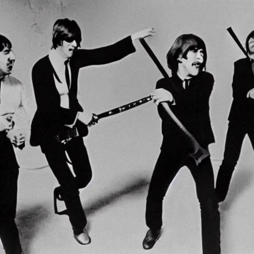 Prompt: the beatles whacking each other with baseball bats during let it be sessions