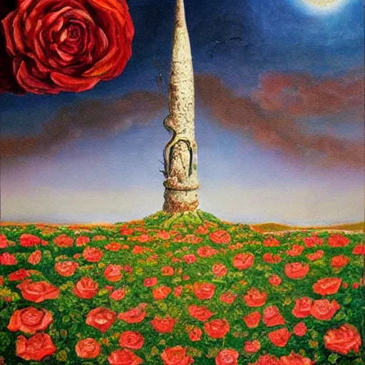 Image similar to the dark tower in a field of roses, surrealism, cosmic western, masterpiece oil painting,