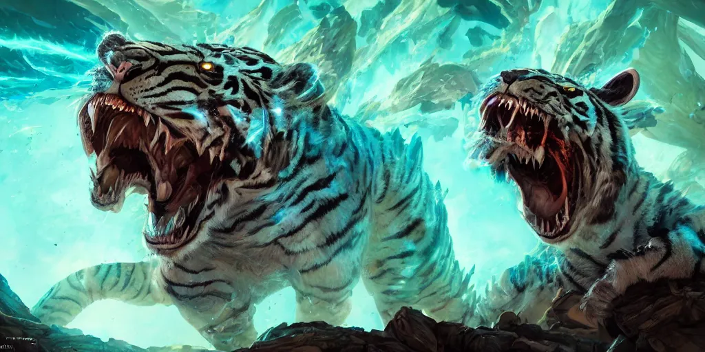 Image similar to Ghostly tiger creature made out of turquoise energy character design sheet, Monster Hunter Illustrations art book, Bright sparks, claws, huge sabertooth fangs, Moebius, Greg Rutkowski, Zabrocki, Karlkka, Jayison Devadas, Phuoc Quan, trending on Artstation, 8K, ultra wide angle, zenith view, pincushion lens effect.