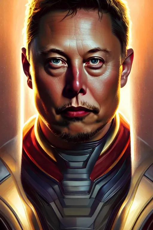 Image similar to elon musk as thor, realistic portrait, symmetrical, highly detailed, digital painting, artstation, concept art, smooth, sharp focus, illustration, cinematic lighting, art by artgerm and greg rutkowski and alphonse mucha