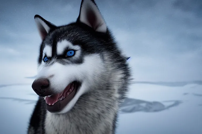 Prompt: a scenic photograph of a really scary! angry! husky looking away from the camera. the whole husky is visible in frame. anatomically correct husky. polar setting, polar wasteland background, ominous sky. octane render, extreme detail, super symmetrical photograph, 8 k