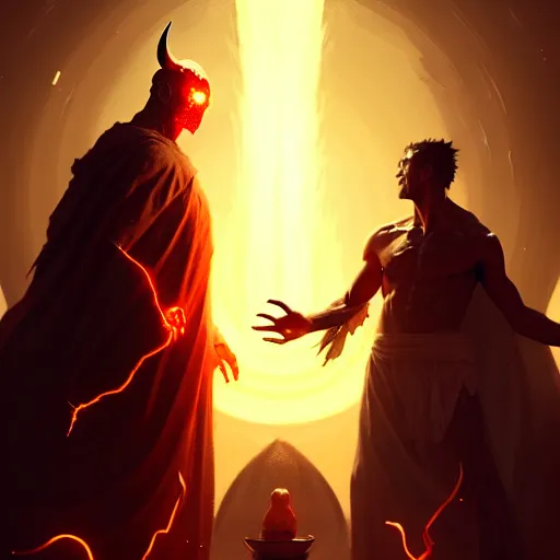 Prompt: a pure glowing god versus bloody ashes devil, digital art, many details, action, greg rutkowski style, high quality, 8 k