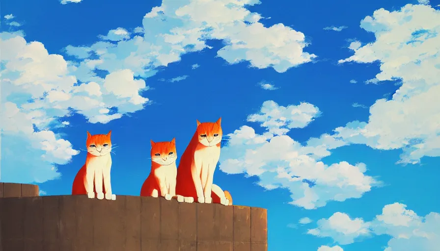 Prompt: contemporary semi abstract acrylic painting of really tall sitting cats by makoto shinkai, thick brush strokes and visible paint layers, glistening clouds in background