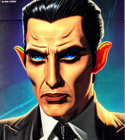 Prompt: a cyberpunk very ugly mafia boss in a suit with slicked back black hair played by ryan renolds as an elf, 1 9 7 9 omni magazine cover, style by vincent di fate, artgerm, very coherent, detailed, 4 k resolution, bright, unreal engine, daz