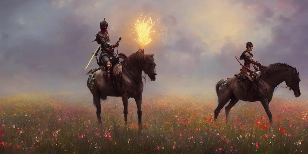 Prompt: an aesthetic field of flowers, asian knight on horse, greg rutkowski, zabrocki, karlkka, jayison devadas, trending on artstation, 8 k, ultra wide angle, zenith view, pincushion lens effect