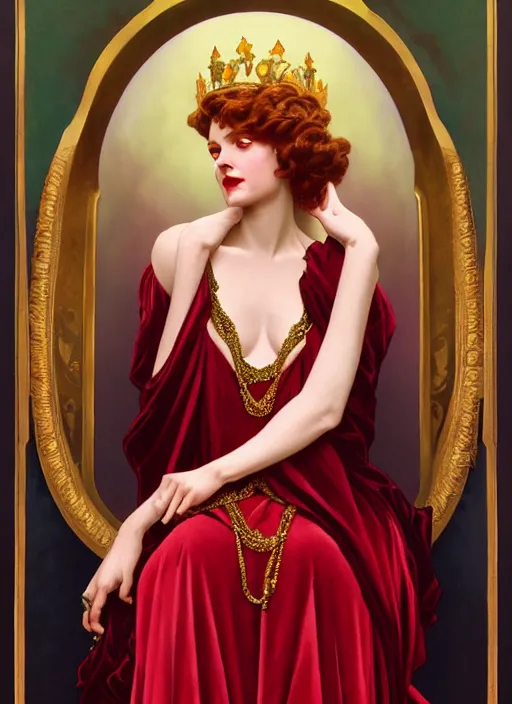 Image similar to leyendecker, ombre velvet gown, lovely queen, portrait, long red hair, small crown, dozens of jeweled necklaces, feral languid woman, by greg rutkowski, anato finnstark, alphonse mucha, global illumination, radiant light