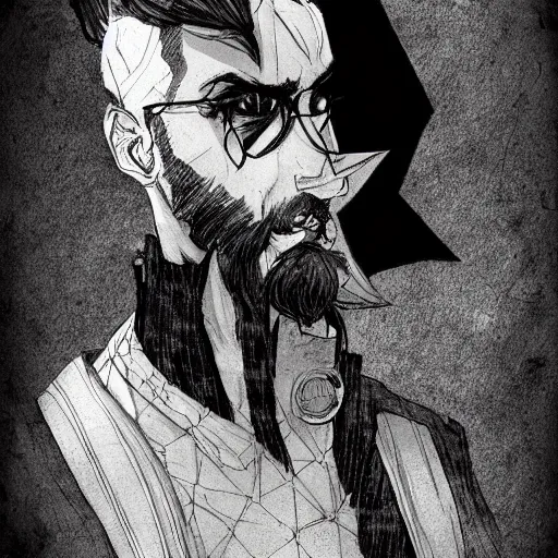 Prompt: very attractive man with beard, strong masculine features, slim, short hair, 35 years old, one android eye, sophisticated clothing with some steampunk elements, gesture dynamic, organic, appealing, book cover, deep shadows, by Dave McKean sketch lineart for character design