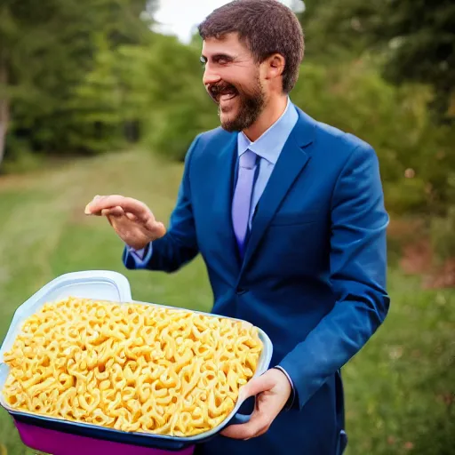 Prompt: a man smiling brings a tupperware of macaroni to a wedding