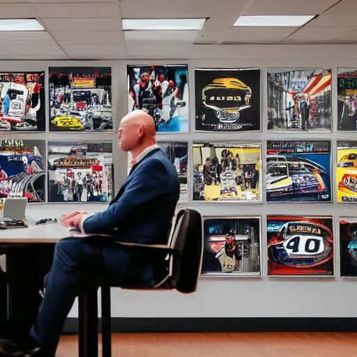 Image similar to cinematic shot of a bald white guy wearing a suit sitting in an office with NASCAR posters portraying Dale Earnhardt Jr covering the walls of the room, 8k, very intricate, very detailed,