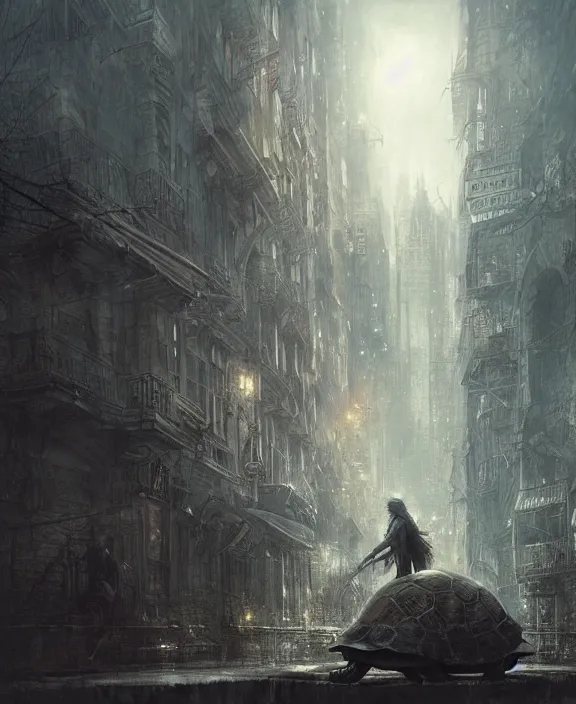 Image similar to city on a turtle. dark atmosphere. art by greg rutkowski and luis royo. highly detailed 8 k. intricate. lifelike. soft light. nikon d 8 5 0.