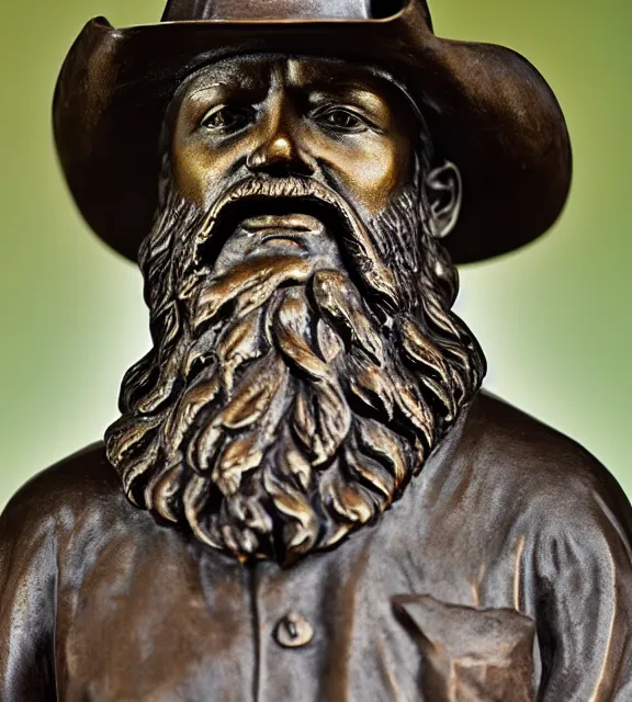 Image similar to a 4 k photorealistic photo medium shot of a bronze statue of a man with a beard wearing a cowboy hate.