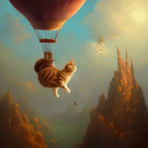 Image similar to a cute cat flying an air balloon , matte fantasy painting, DeviantArt Artstation, by Jason Felix by Steve Argyle by Tyler Jacobson by Peter Mohrbacher