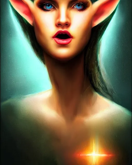 Image similar to beautiful female elf with glowing hair symmetrical face eyes, glistening tongue by Jana Schirmer,