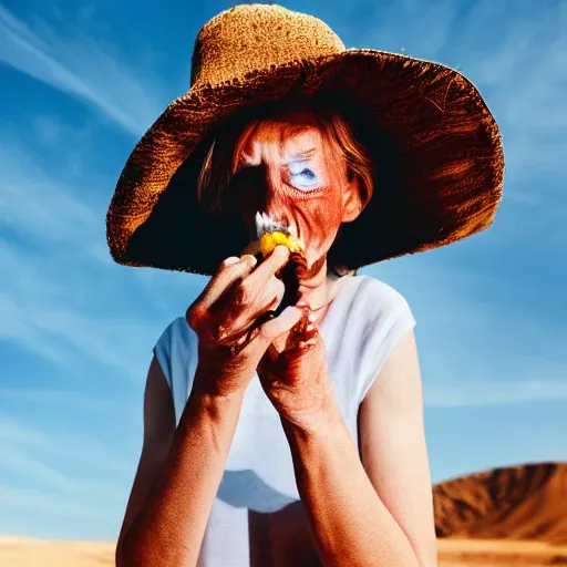 Prompt: a turnip smoking a cigarette whilst walking lonely in the heat of the desert, stunning photography 4 k