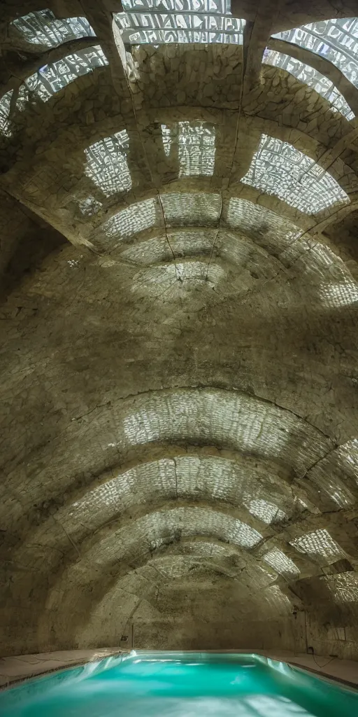 Prompt: photo inside underground geometric arching caverns by andrew kudless. sunlight streams in from skylights. a man swims laps in a dark green pool. architectural photography. 4 k, 8 k. volumetric lighting. dark, somber, moody lighting. structural arch barrel vaults. ivy and many plants hanging from ceiling, weathered concrete.