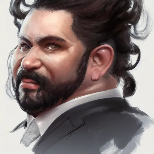 Image similar to a portrait of a short fat man with long curly black hair and a brown suit on viewing blueprints, D&D, sci-fi, elegant, hopeful, muscular, highly detailed, digital painting, artstation, concept art, smooth, sharp focus, illustration