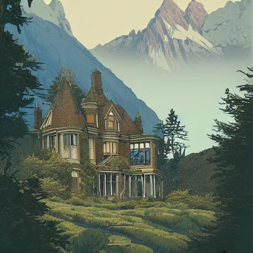 Image similar to illustration of an old victorian mansion, with beautiful mountain heather growing around it, large windows, greg rutkowski, mcbess