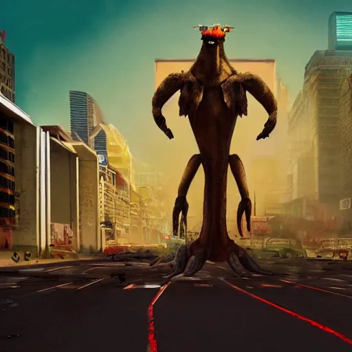 Image similar to gigantic building hovering above a city, long thick cables and trash hanging from underneath, smoke and thick dust in the air, rays of light, neon billboards and dried palmtrees in the streets, a reptile mutant wrestler in fighter pose levitates in the center of the epic scene, scifi, illustration