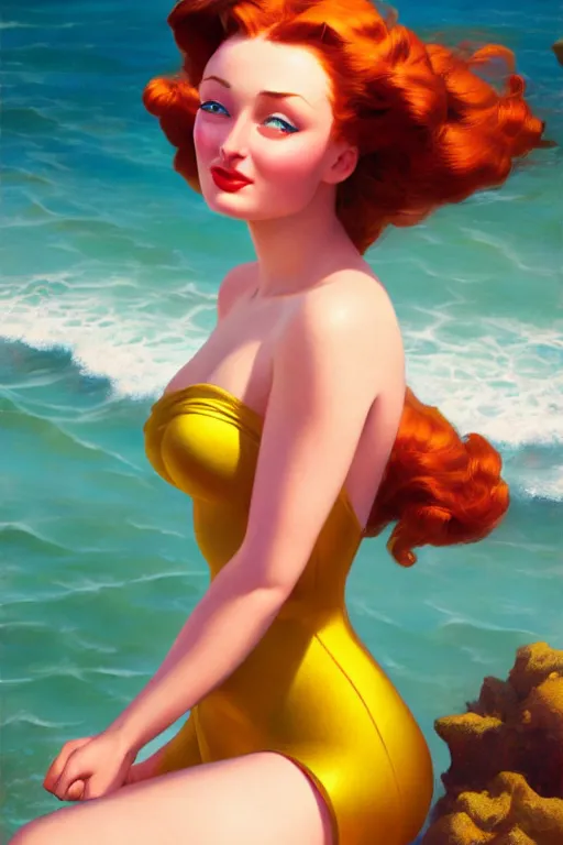 Image similar to sophie turner as the little mermaid on the sunset beach by Gil Elvgren Stanley Artgerm Lau, WLOP, James Jean, Andrei Riabovitchev, Marc Simonetti, Yoshitaka Amano, ArtStation, CGSociety, cinematic lighting, shining eyes, art nouveau