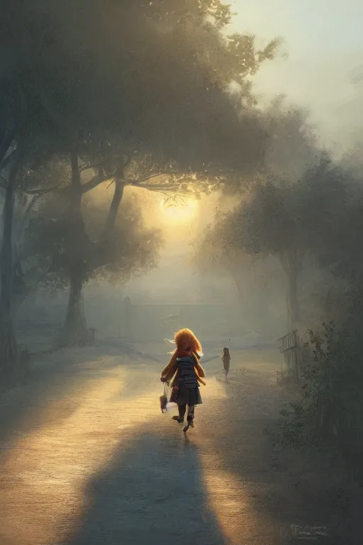 Image similar to a young girl walking to school with her pet fox, matte painting in the style of Greg Rutkowski, early morning light, sunrise, golden hour, trending on artstation