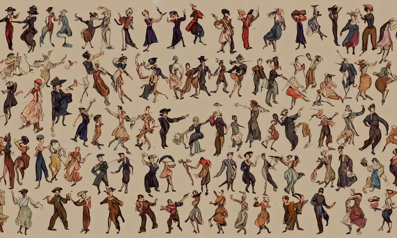 Prompt: game asset sheet, material study, 2 d sprite, 1 9 0 0 s era characters from california dancing and singing in the style of 1 4 0 0 s arabic motifs